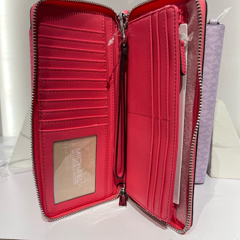 MICHAEL KORS Jet Set Large Signature Logo Continental Wallet Wristlet Hibiscus - Picture 7 of 16